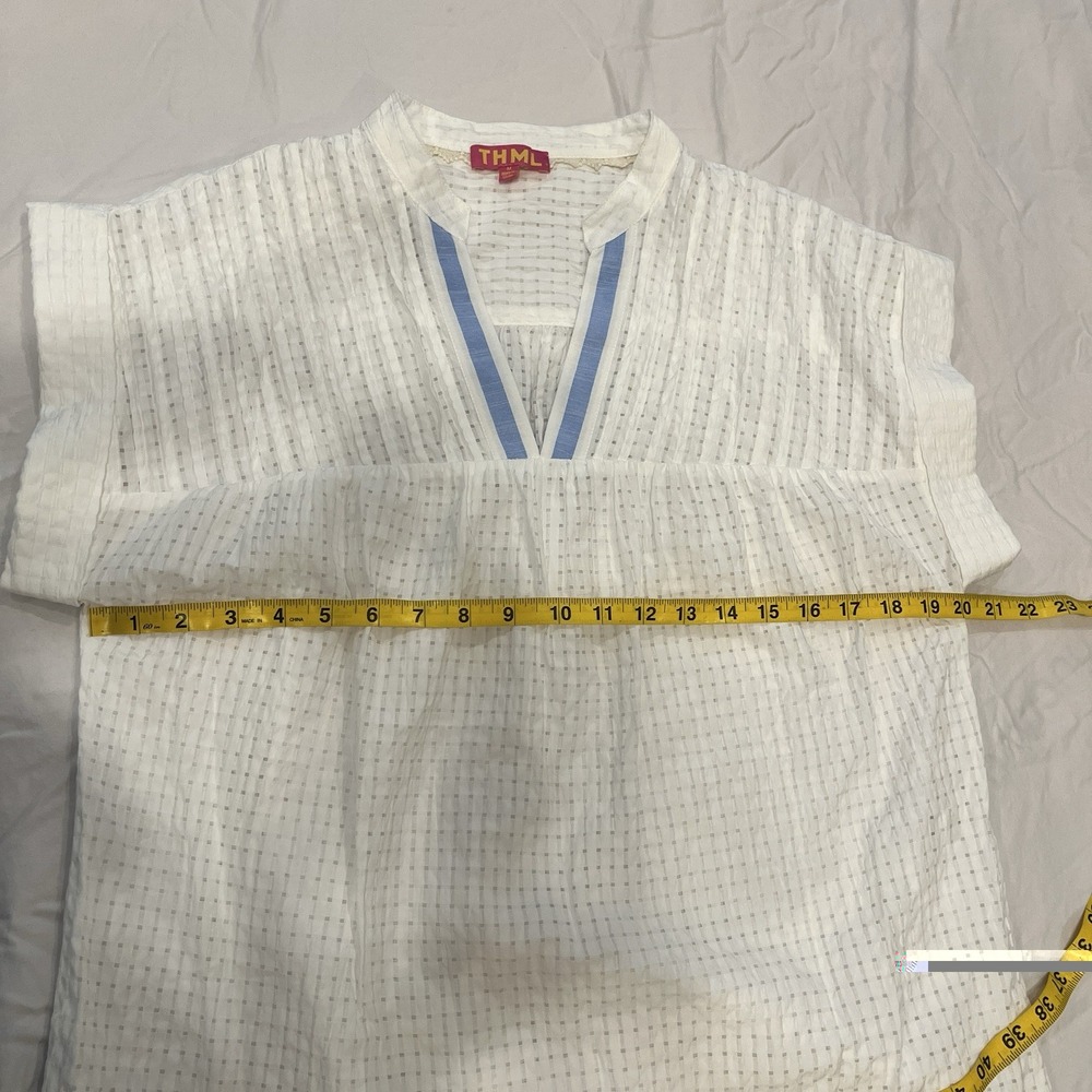 THML White Blue Check V-Neck Tunic Blouse Trim Short Sleeve Womens Size M - Picture 7 of 7
